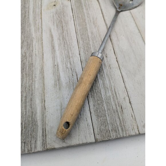 Vintage Chromium Plated Slotted Serving Spoon 12" Wood Handle - Picture 3 of 7